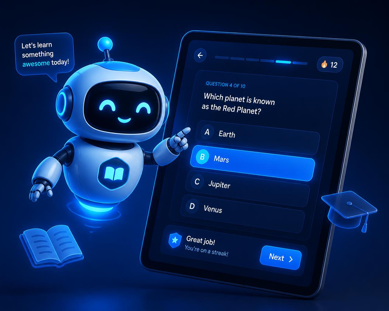 My Pocket Tutor AI companion presenting a practice exam question on a tablet